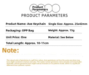 Detailed specs for natural gemstone axe keychain measuring 25x42mm and 11cm length