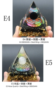 Detail of Orgonite pyramid showing obsidian crystal ball and copper spiral coil