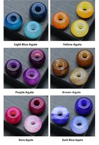 Detailed grid of 6mm large-hole natural agate beads in blue, yellow, purple and rose tones