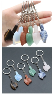 Detailed set of six natural gemstone arrowhead keychains in various colorful crystals