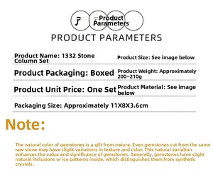 Specifications of 9cm crystal hexagonal columns set showing dimensions and natural stone info