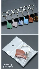 Macro detail of various natural crystal axe keychains in individual OPP bag packaging