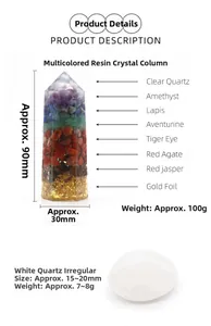 Macro detail of 9cm 7-chakra resin crystal tower with layered gemstones and gold foil