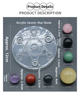 Macro display of seven chakra crystal spheres with an acrylic star base and measurements
