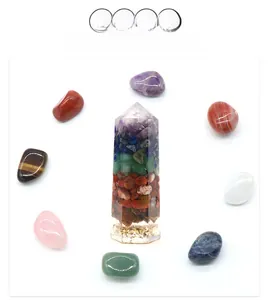 Macro view of 7 chakra crystal tower with polished raw stones for home decoration