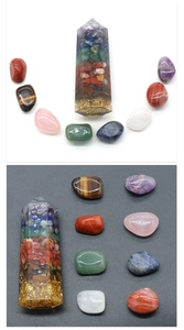 Detailed set of 7 chakra healing stones with a layered resin hexagonal crystal tower