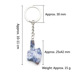 Natural agate crystal axe keychain with blue marble texture and silver metal ring