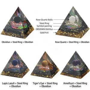 Orgone crystal pyramid set with amethyst, rose quartz, lapis lazuli and steel rings