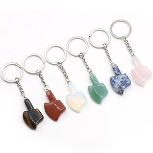 Set of six natural crystal agate axe pendants with silver chains and keyrings