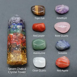 Chakra healing crystal kit with resin hexagonal pillar and eight natural polished stones
