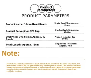 Detailed 16mm heart gemstone bead specifications with size weight and natural material info