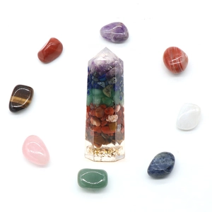 Chakra crystal tower set with seven hexagonal stones and resin pyramid for meditation