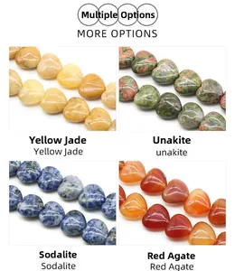 Detailed display of heart-shaped natural jade and agate beads for DIY jewelry making