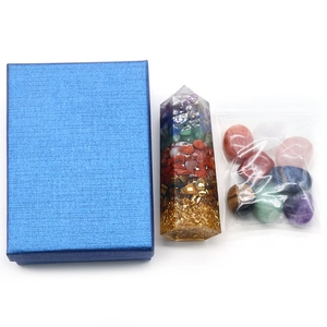 Healing 7 Chakra crystal tower set with tumbled stones in a textured blue gift box