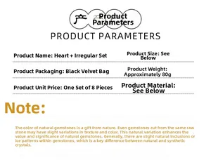 Specifications for 8-piece natural crystal set including heart stone and velvet pouch