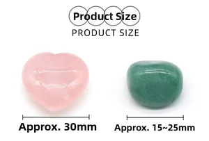 Detailed view of polished pink quartz heart and green aventurine stone with dimensions