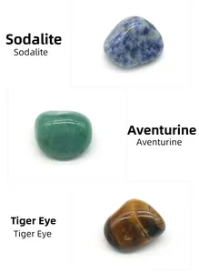 Detailed view of natural Sodalite, Green Aventurine, and Tiger Eye polished stones