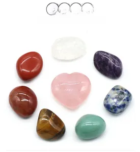 Polished natural crystal set featuring heart-shaped rose quartz and 7 assorted gemstones