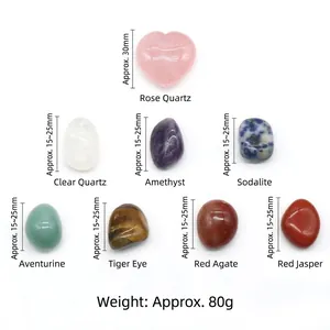 7 Chakra natural crystal stones set with heart-shaped rose quartz in velvet bag