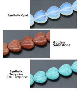Makro-Detail von herzförmigen Opal-, Goldfluss- und Türkisperlen für den Schmuckbau