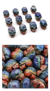 Macro detail of hand-carved natural crystal skull with colorful layered gemstone texture