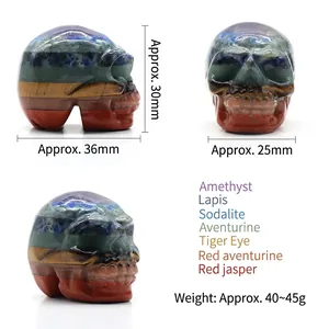7 Chakra natural crystal skull carving for Halloween decor showing various perspectives