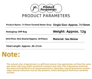 Detailed specifications for 7x10mm faceted teardrop natural gemstone beads with dimensions