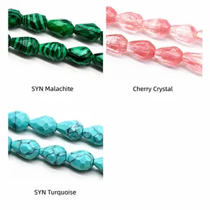 Macro detail of faceted synthetic malachite, cherry quartz and turquoise waterdrop beads
