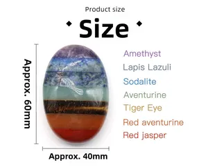 Macro view of oval 7 chakra stones showing layered crystals and dimensions of 60x40mm
