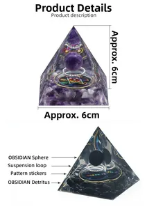 Détails des pyramides d'Orgone en Améthyste et Obsidienne, dimensions 6x6cm