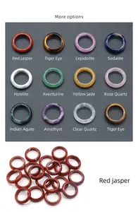 Detailed grid of natural gemstone rings including Red Jasper, Amethyst, and Tiger Eye