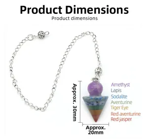 Macro detail of a 30mm 7 chakra crystal pendulum with multi-layer natural stones