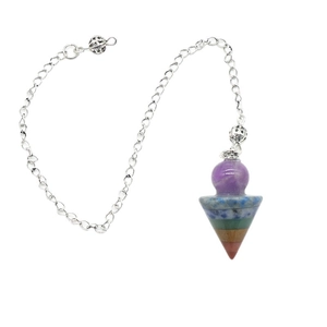Seven chakra natural crystal pendulum with layered cone stone and silver chain link