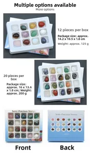 Close-up of polished egg-shaped crystal gemstones in white 12 and 20 piece display boxes