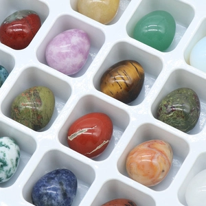 Polished natural crystal agate egg set with various colorful semi-precious gemstones