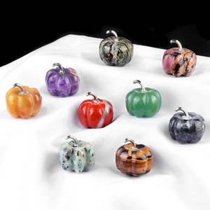 Set of mini natural crystal pumpkins in various gemstones for festive home desktop decor
