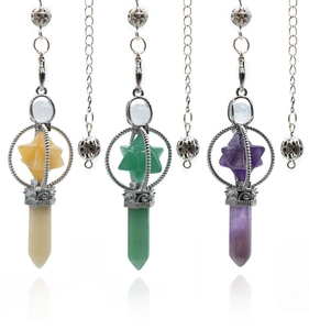 Detailed trio of Merkaba star crystal pendants in yellow, green, and purple amethyst