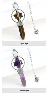 Detailed view of Tiger Eye and Amethyst Merkaba pendulums with silver crystal cage chains