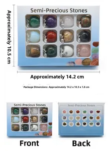 Vista detallada de la caja con 12 mini manzanas de cristal natural y dimensiones