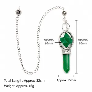 Natural green aventurine Merkaba star and hexagonal prism crystal pendulum with silver chain
