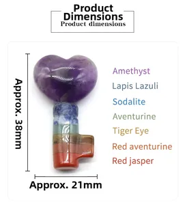 Vue détaillée de la clé cœur en cristal chakra avec mesures de taille précises