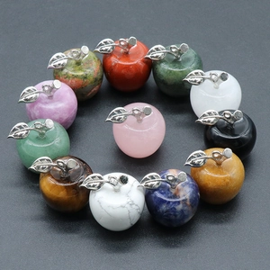 Set of 11 assorted natural crystal stone apple pendants with silver metal leaves