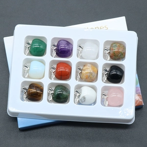 Set of 12 natural crystal apple pendants with silver metal leaf and stem in white box