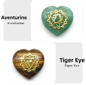 Détail de l'Aventurine et de l'Œil de Tigre en forme de cœur avec symboles chakra