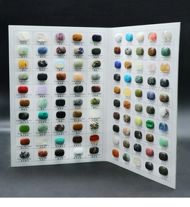 Detail view of 100 assorted natural crystal and semi-precious stone samples on white board