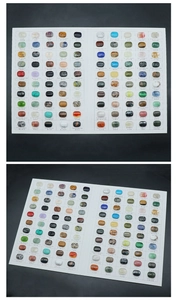 Macro detail of natural semi-precious stone sample board showing 100 crystal varieties