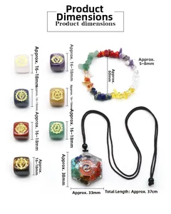 7 Chakra Stein Set mit Symbolen, Splitterarmband und Harz Halskette Abmessungen