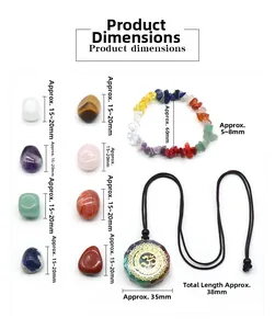 Size chart showing 20mm stones, 60mm chakra bracelet, and 35mm Orgone pendant dimensions