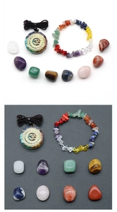 Chakra healing crystal set with Om pendant, stone bracelet and 8 polished tumbled gemstones