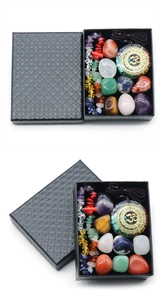 Detailed set of 7 chakra healing crystals with resin necklace and beaded bracelet in gift box